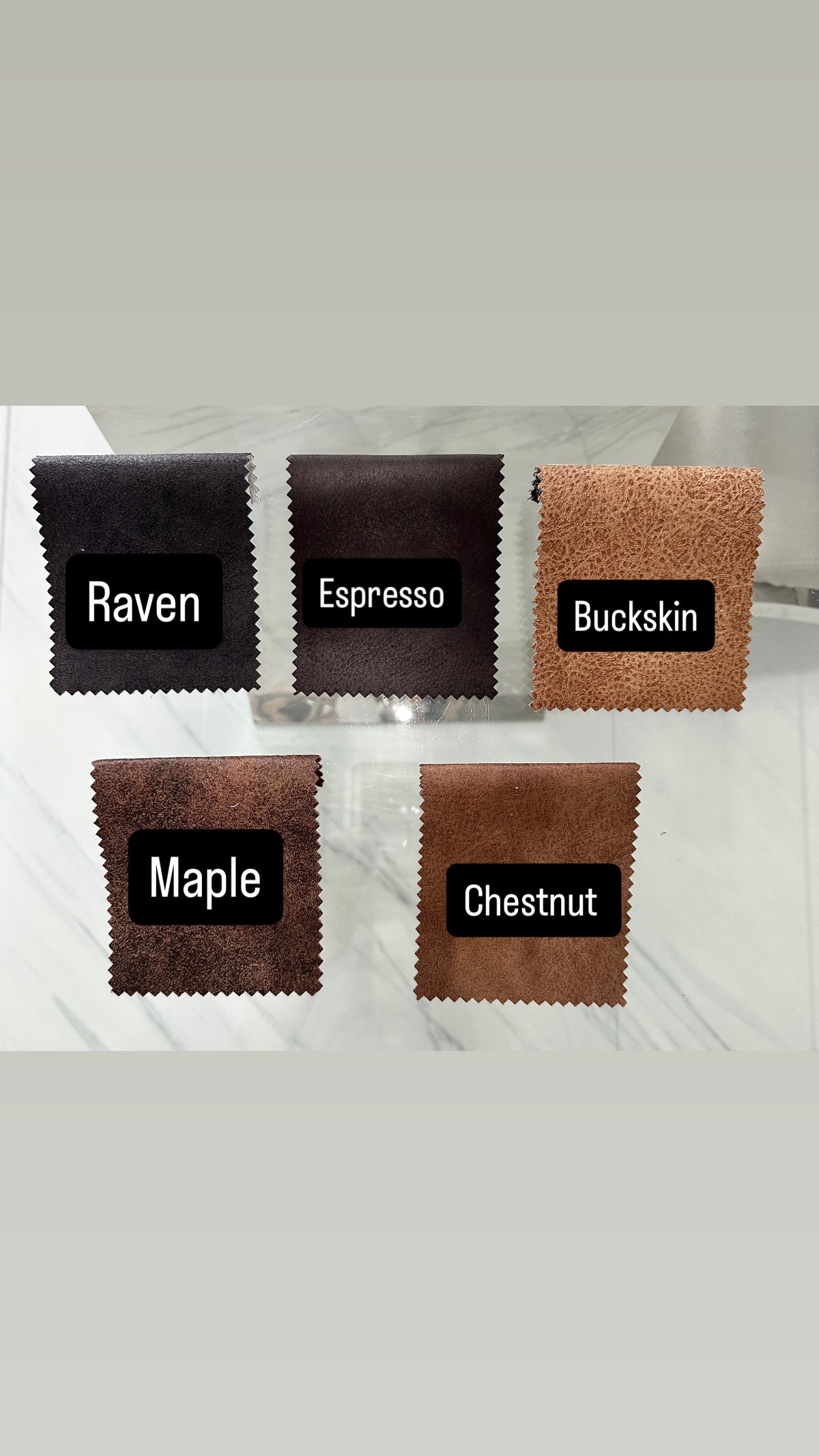 Ultra Suede color swatches: Raven, Espresso, Buckskin, Maple, Chestnut