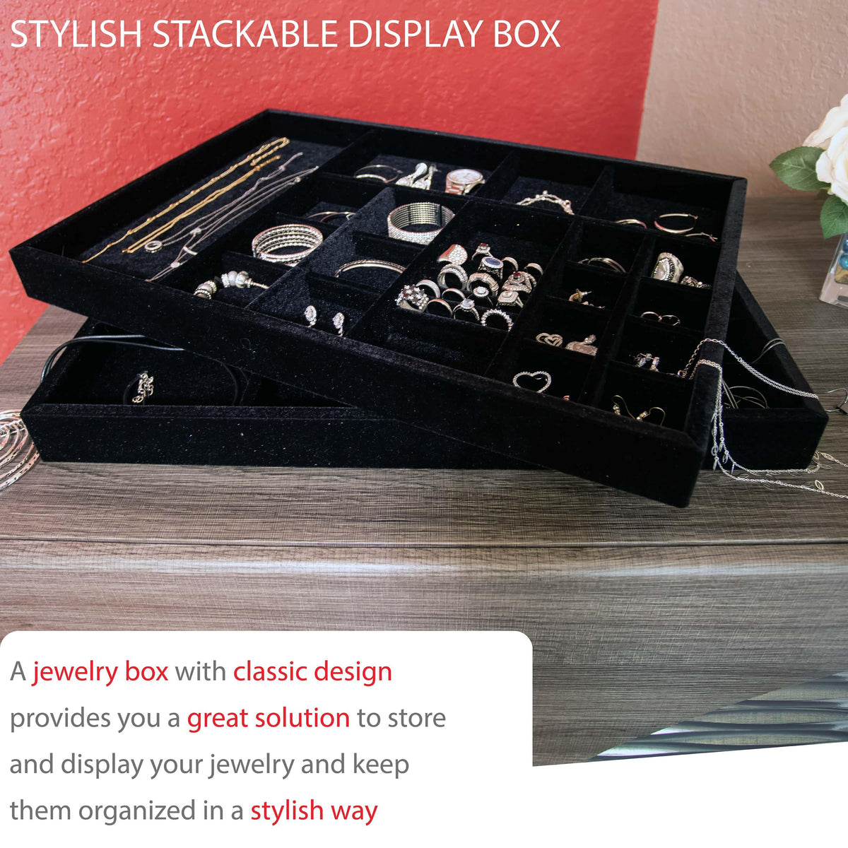 Custom Jewelry Drawer Organizer  , Wood and Velvet Tray  ,  21.5" x 14.5"x 2" - Beauty By Eden -Jewelry Storage Solutions