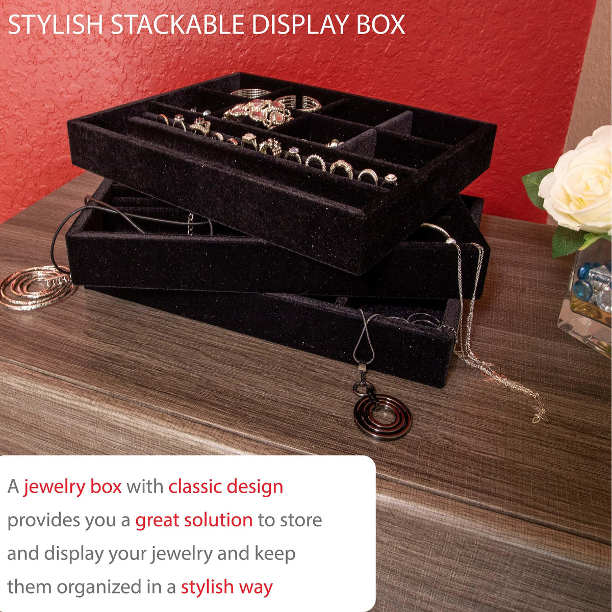 Stackable Jewelry drawer inserts in black velvet 