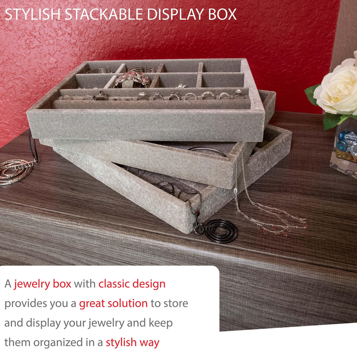 Custom Jewelry Drawer Organizer ,Wood and Velvet Tray , Made In USA  15"x12"x 2" - Beauty By Eden -Jewelry Storage Solutions