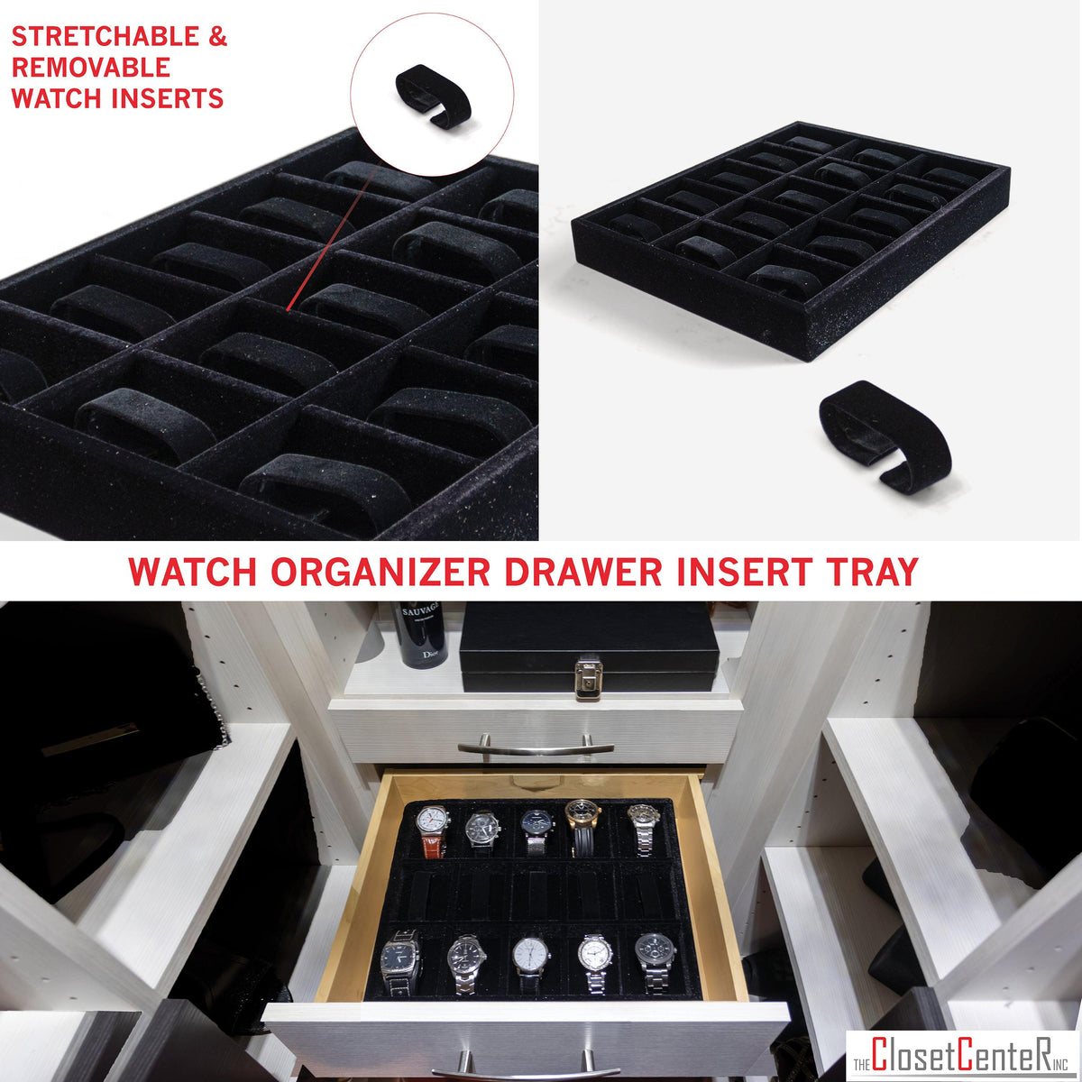 Custom Watch Organizer Drawer Insert, Wood & Velvet Tray Black