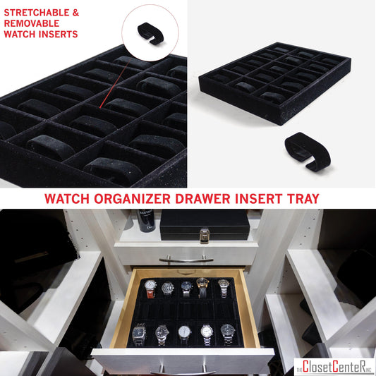 Watch Organizer Jewelry Drawer Insert, Wood and Velvet Tray Black 15"x12"x2", made in USA.